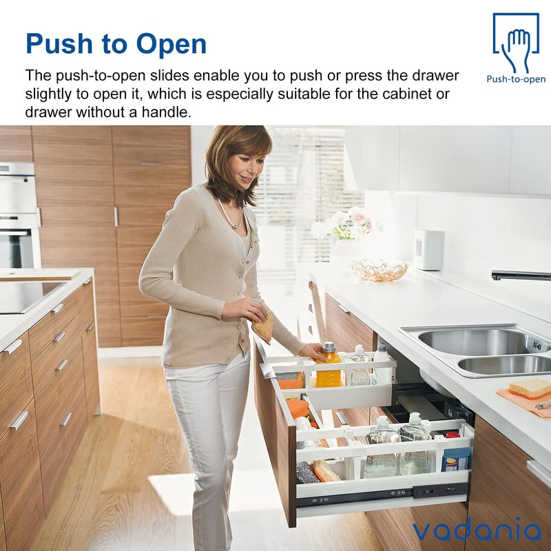 VADANIA 24" Push to Open Drawer Slide, #VF1245, 3-Fold Full Extension, Heavy Duty 100lb Load Capacity, Especially for Handleless Cabinet & Drawer, Ball Bearing, Side Mount, Black, 1-Pair - Image 4